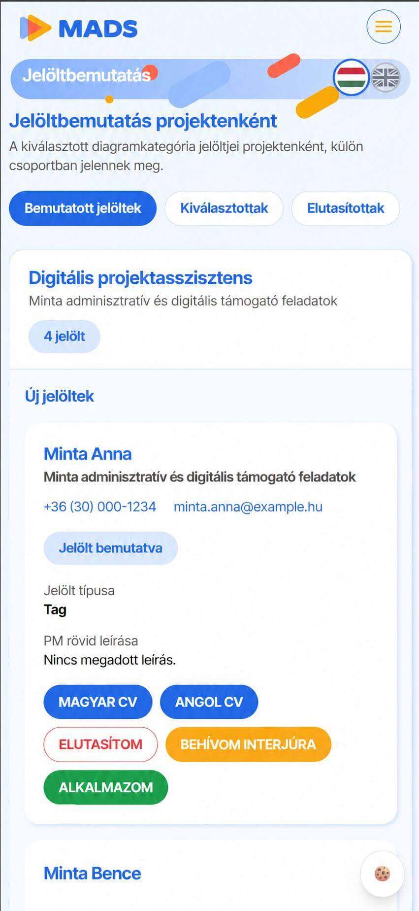 Jelöltek bemutatása a MADS céges adminban