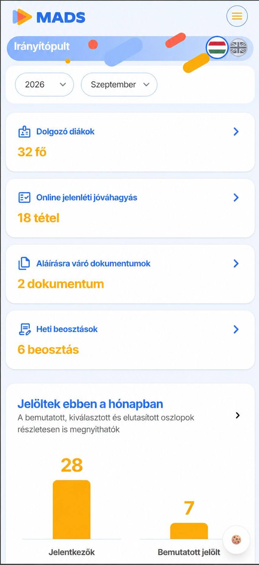 A MADS céges admin mobilos irányítópultja fiktív adatokkal