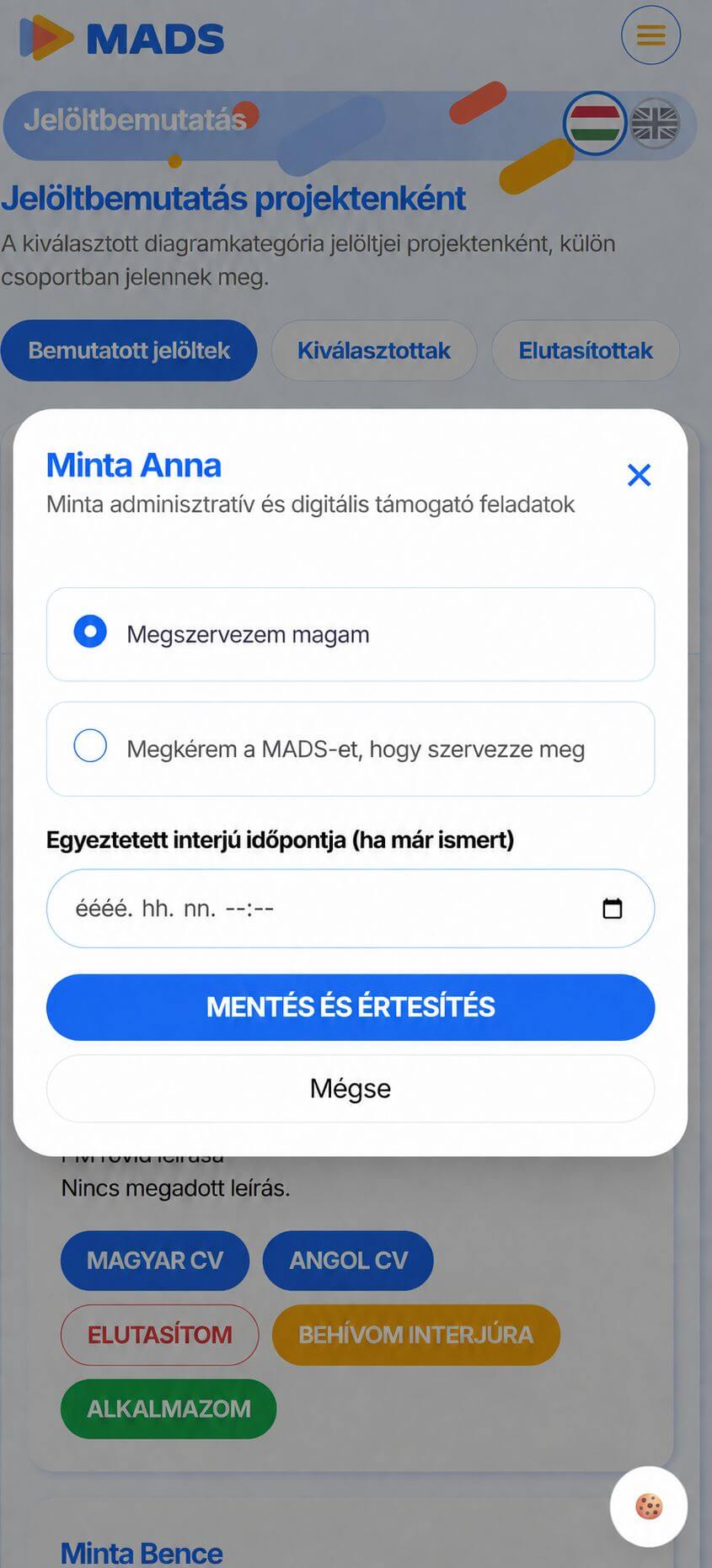 Interjú szervezése a MADS céges adminban
