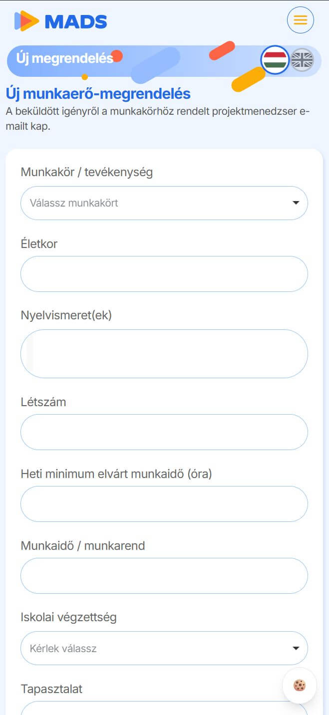 Új munkaerő-megrendelés a MADS céges admin mobilos felületén